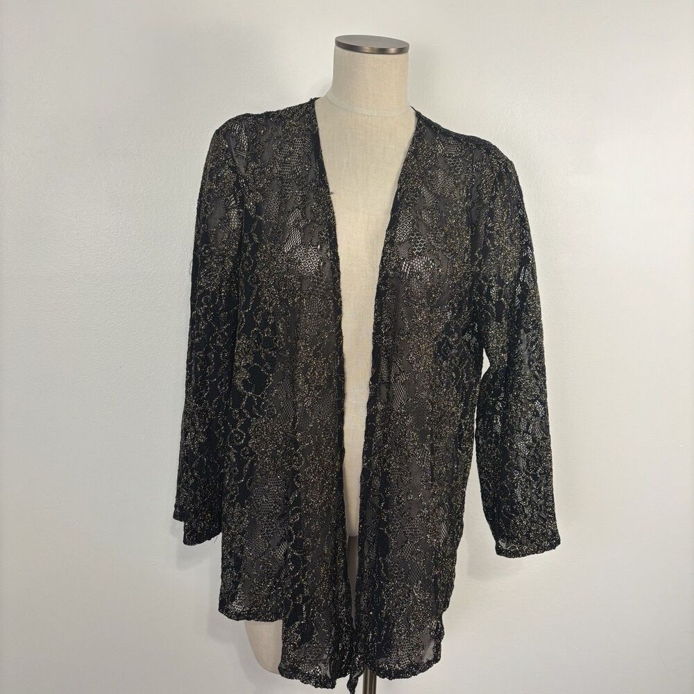 Chico’s Womens 3 (16/XL) Black Gold Lace Open Lamé Floral Kimono Cardigan Topper